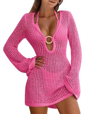 Women's Hot Pink Acrylic Crochet Mesh Bathing Cover UPS Summer Knit Swimwear
